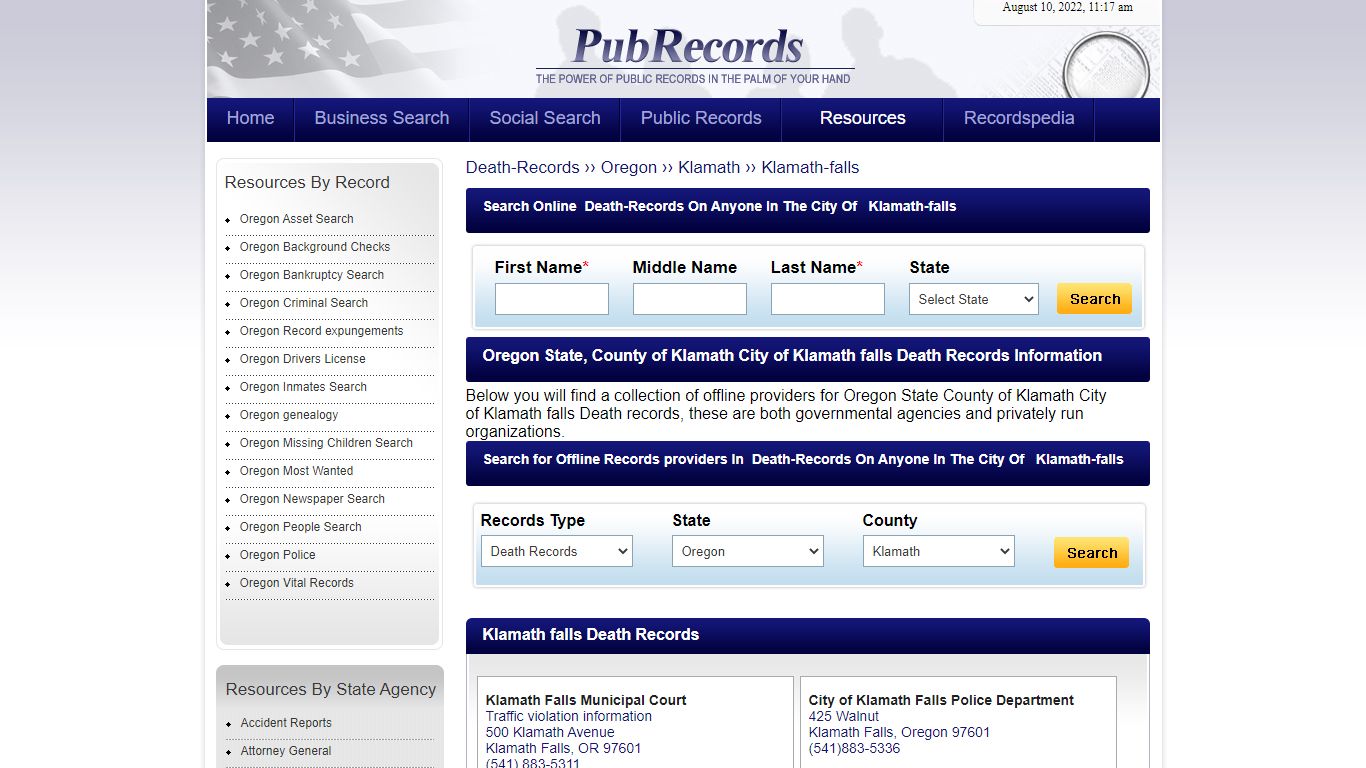 Klamath falls, Klamath County, Oregon Death Records