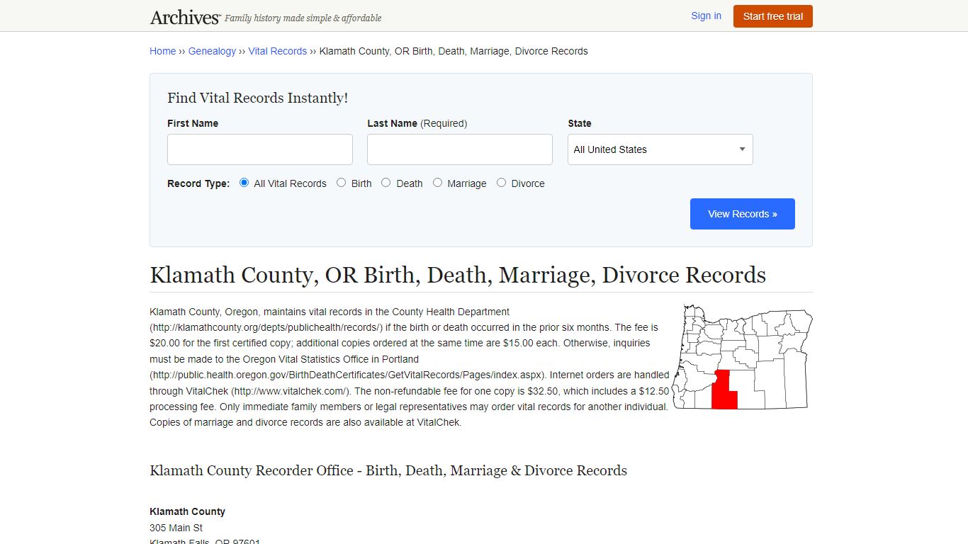 Klamath County, OR Birth, Death, Marriage, Divorce Records